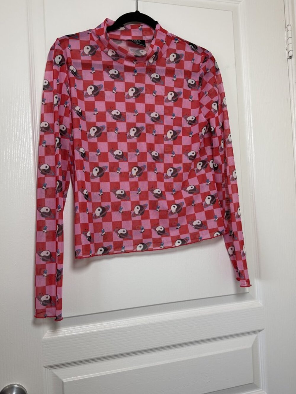 lala. Mesh Mock Neck Top Pink Red Checkered Yin Yang Planet Cowboy Boot L NWOT